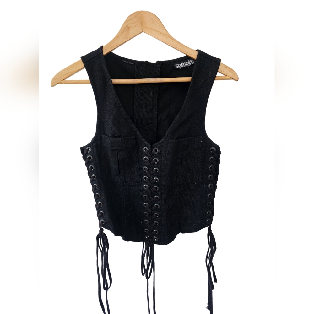 LIP SERVICE RARE Vintage Black Denim Biker Vest Zip In Back Ties In Front Sz S